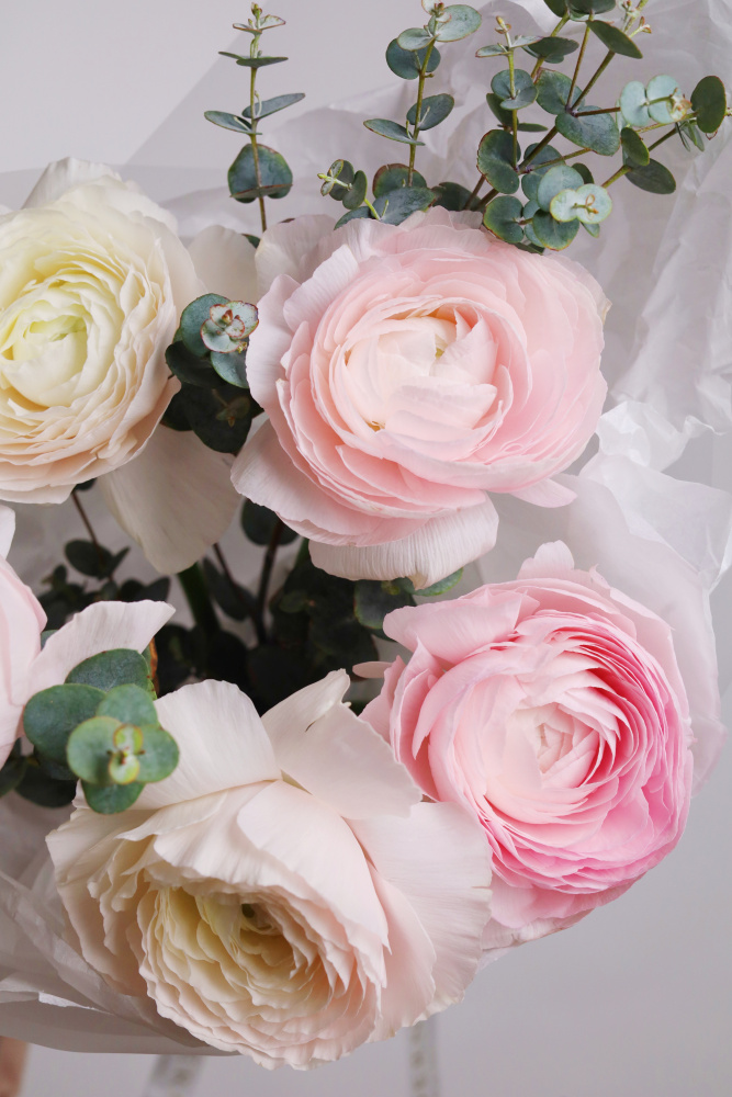 БУКЕТ ИЗ РАНУНКУЛЮСОВ 5 ШТ И ЭВКАЛИПТА